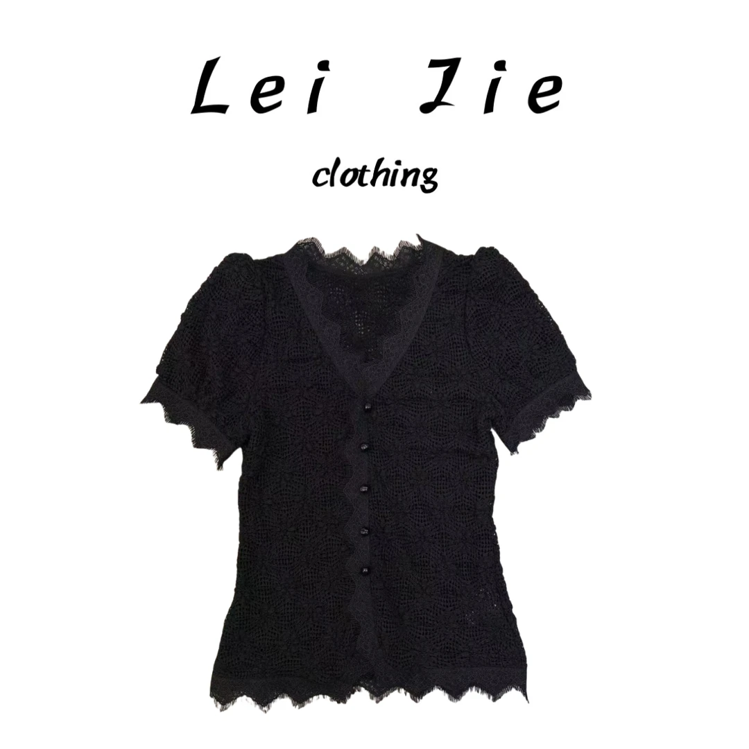 【Lei Jie】欧货超软糯勾花双层蕾丝短袖上衣433