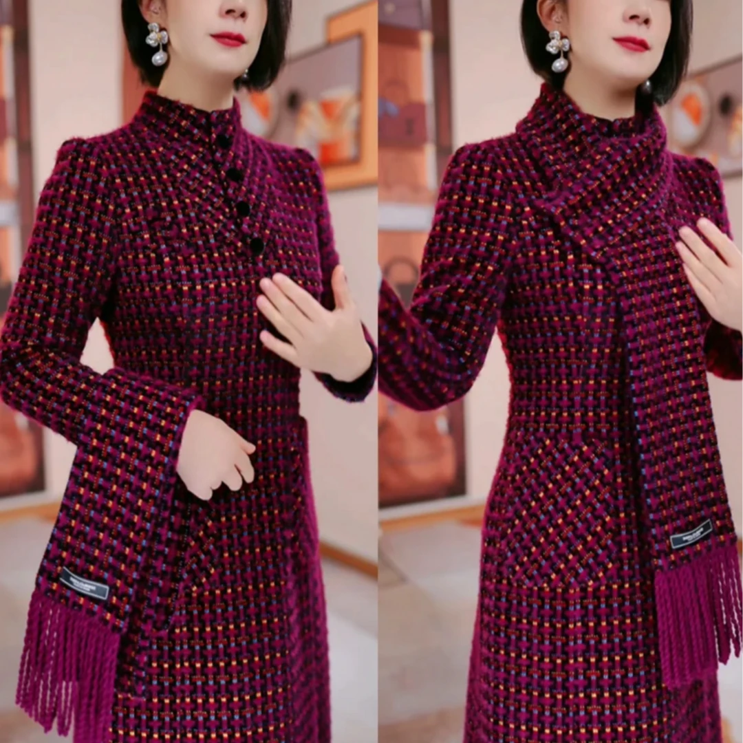 红久久女装贵妃绒修身显瘦连衣裙2025秋冬新款气质高雅大方H5B289