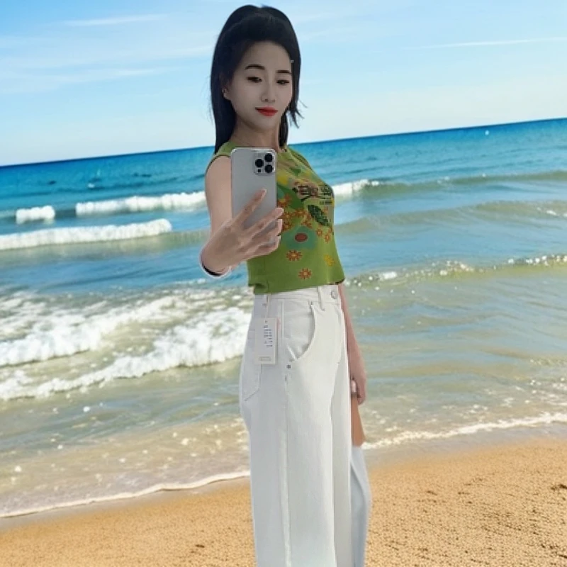 小个子窄版阔腿牛仔裤白色显瘦高腰