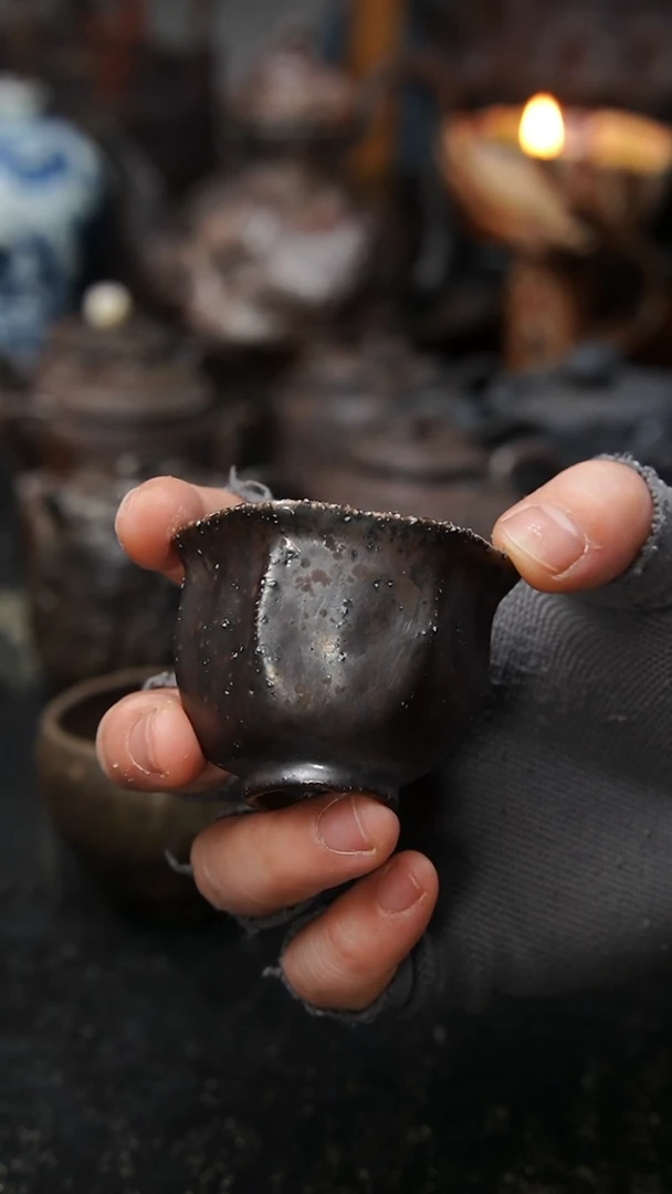 二羊手捏精品柴烧六方杯