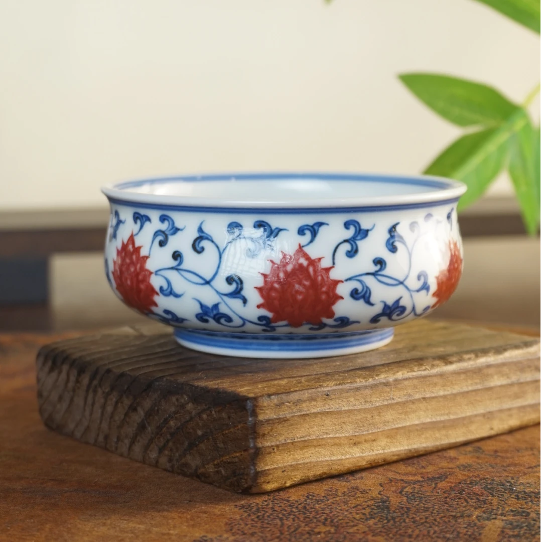 望月御品手绘青花缠枝莲原矿釉里红纯手工矮炉式杯中国风主人杯