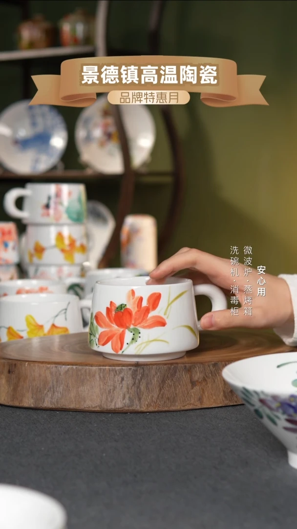 瓷景德镇高温手绘300CC把手杯红荷