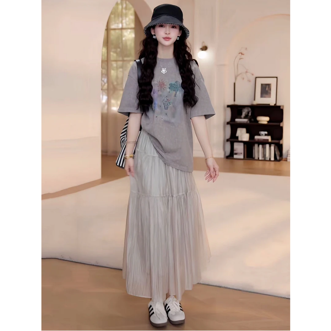 法式温柔风轻奢网纱半身裙女夏季新款时尚高腰遮肉显瘦a字长裙