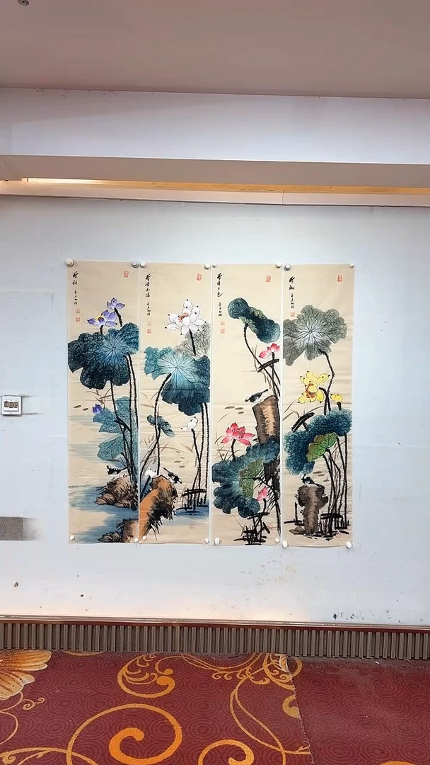 【闪购商品】国画仿古荷花小鸟四条屏/雷畅胜