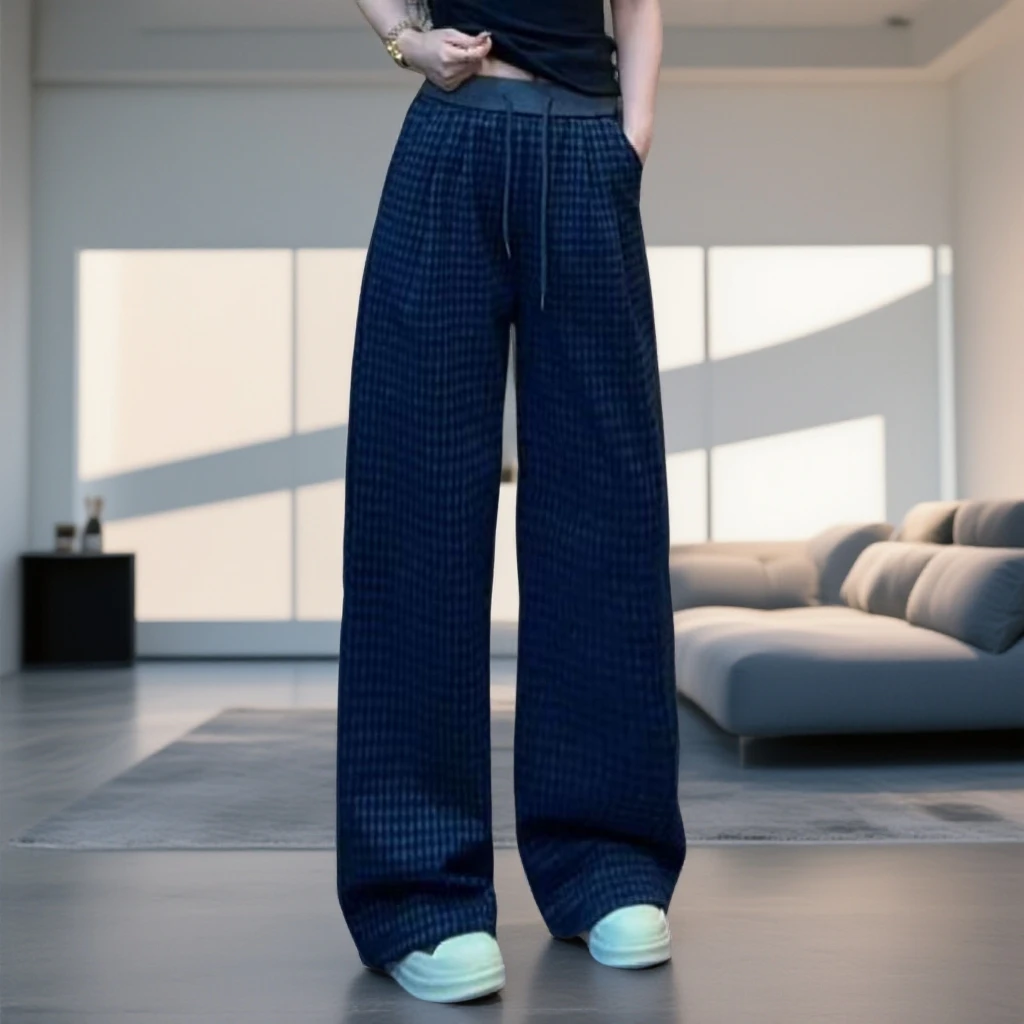 【加绒款】时尚简约韩系抽绳格子直筒裤K720