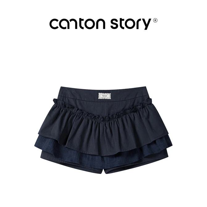 羊城故事【现现】宝蓝色木耳边蓬蓬半身裙裤女a字短裙裤Y50751970