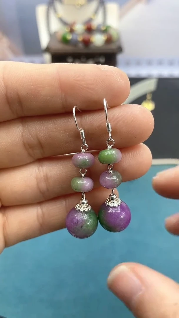 【闪购商品】翡翠耳饰银S925镶嵌春彩三珠耳钩