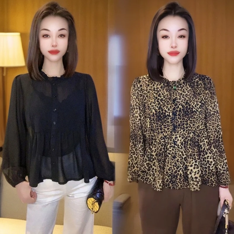 荷叶边衬衫女夏秋新款时尚韩版宽松遮肉显瘦洋气豹纹长袖开衫上衣