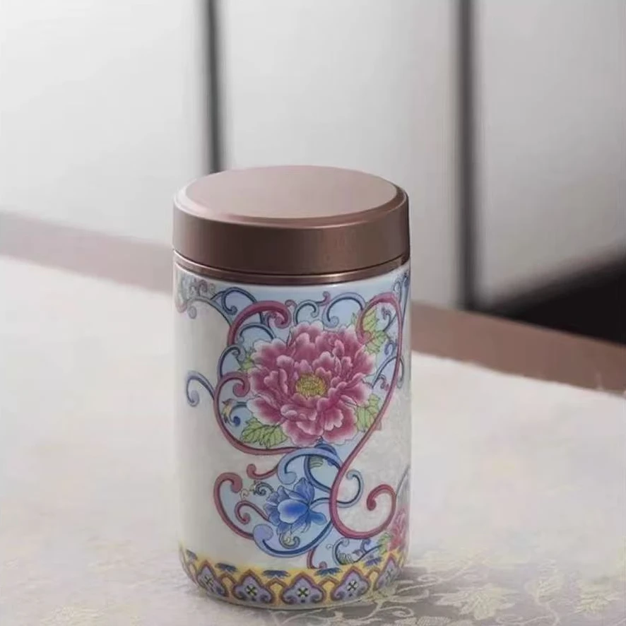 珐琅彩掐丝银小茶叶罐便携锡合金盖迷你陶瓷家用密封罐旅行茶具