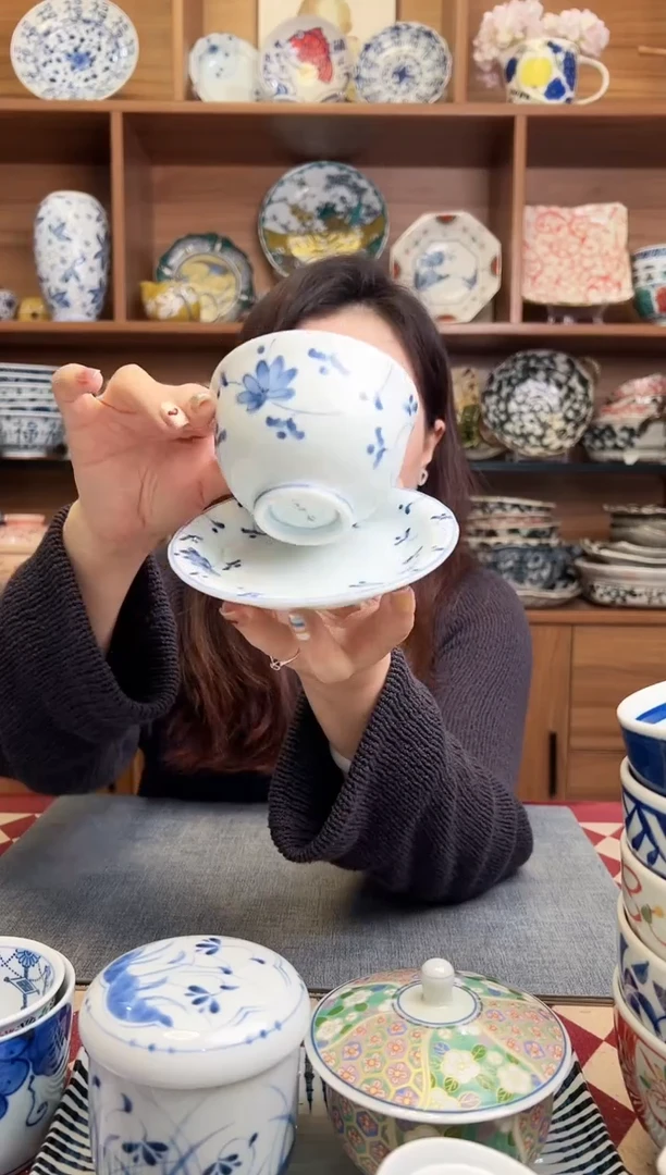 瓷片花唐草青 煎茶杯碟套装