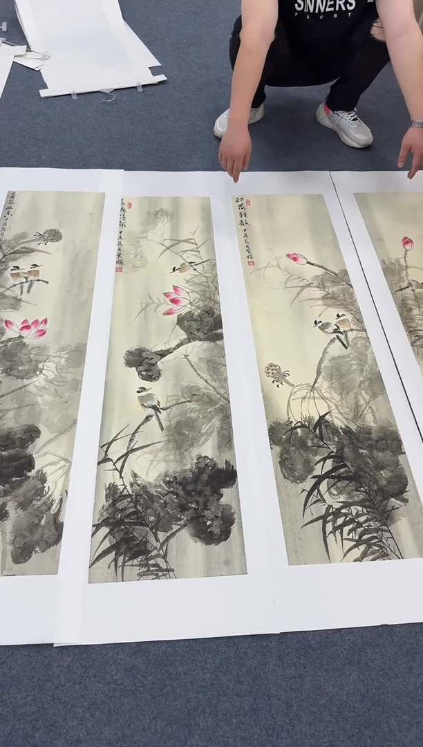 国画荷花条屏手绘作品