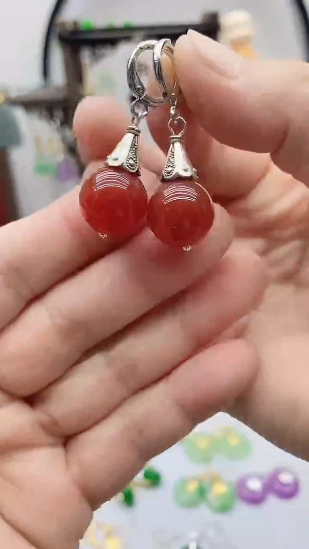 银S925镶嵌南红玛瑙耳饰83