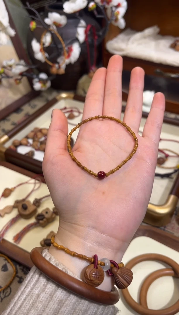 手串桃核【桃缘行】竹节「红色莎莎」桃木桃核辟、挡、驱、护 备注手围