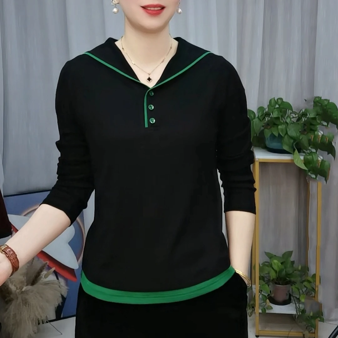 新款半纽扣海军领假两件上衣时尚百搭显瘦长袖上衣