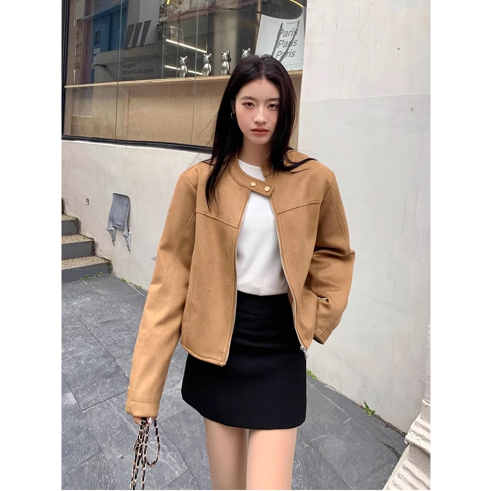 2025早秋时尚新款百搭纯色修身减龄保暖防风轻奢老钱风夹克外套潮