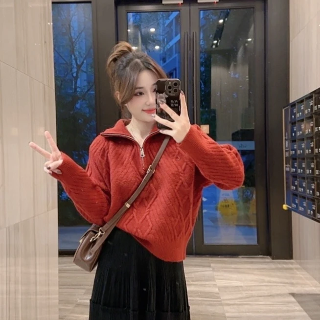 奈奈妮【草莓可颂】复古半拉链高领毛衣洋气时尚百塔5373