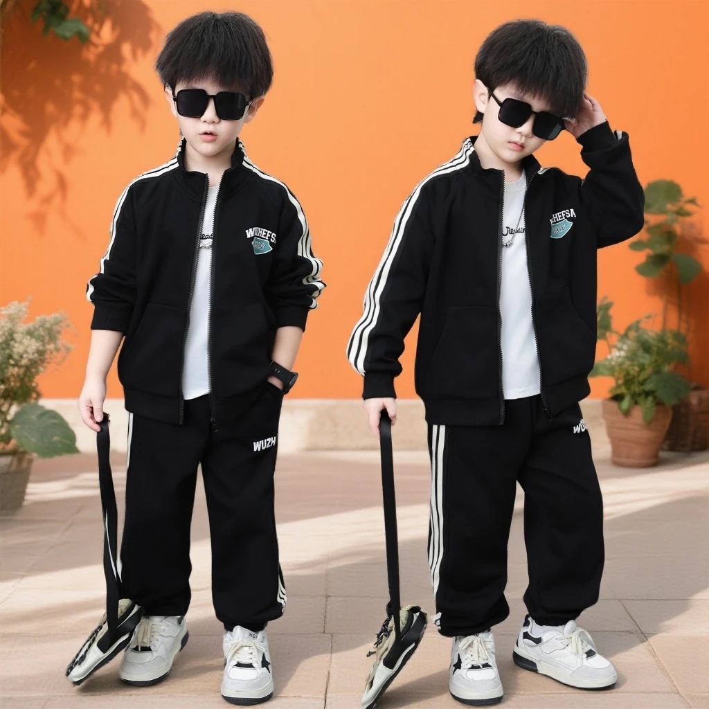 秋冬季新款织带休闲儿童潮酷中大童男孩套装童装穿搭帅气两件套