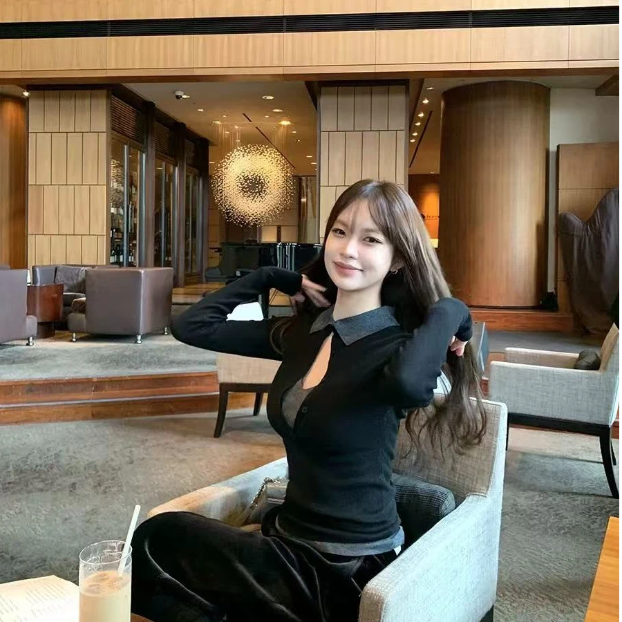 混纺假两件撞色可多穿领子针织衫女