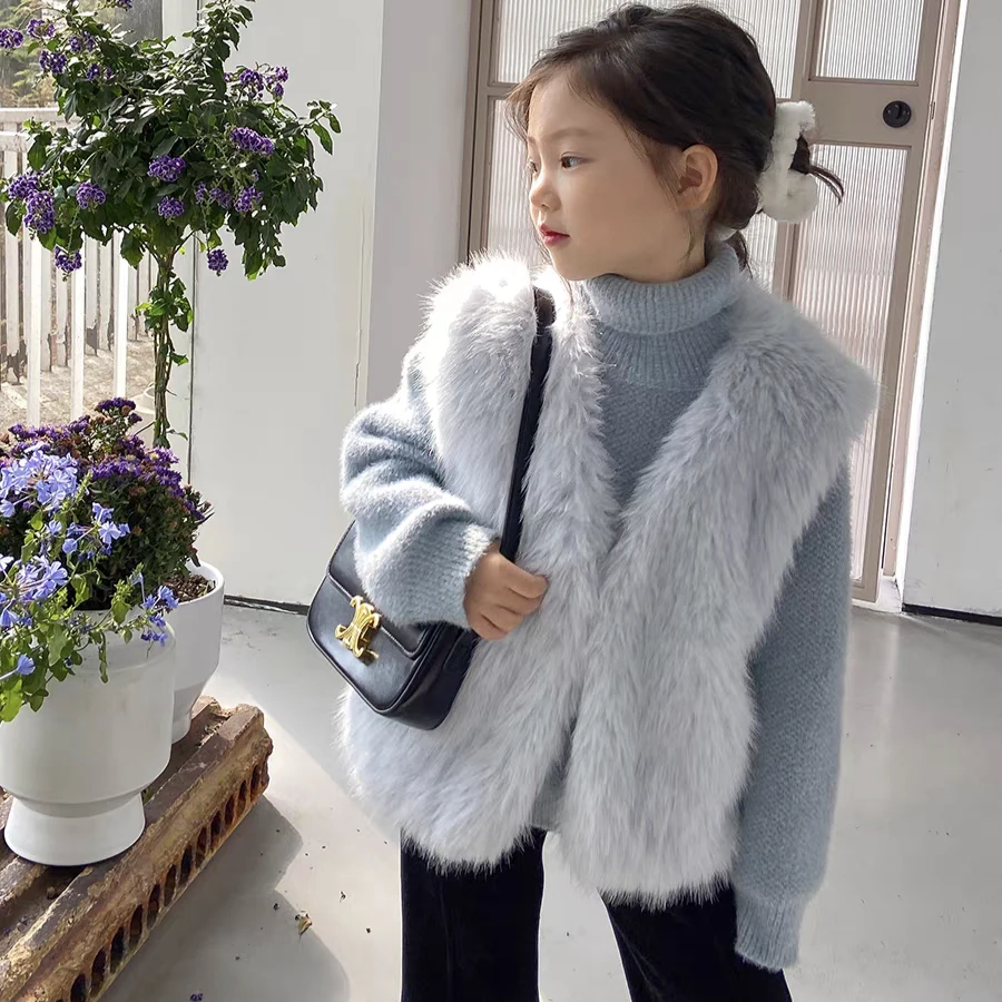 秋冬季女孩仿皮草百搭马夹儿童甜美宽松短款加厚女童马甲时尚坎肩
