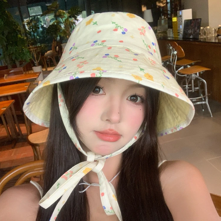 日系可爱甜美碎花双面渔夫帽女夏季大帽檐防晒遮阳帽子显脸小盆帽