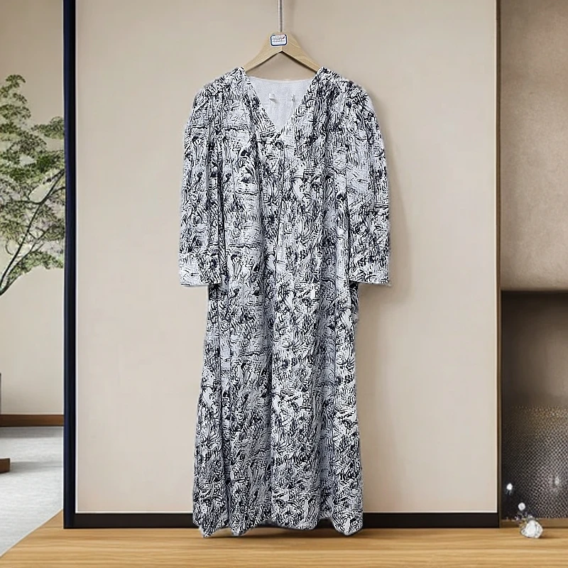 LR  V领水墨印花七分袖连衣裙 LWD356Y114