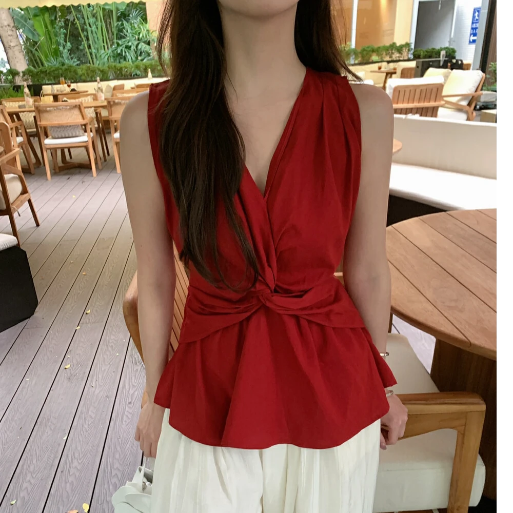 系带通勤夏季女士扭结修身背心高腰吊带性感女装夏季显瘦气质短款
