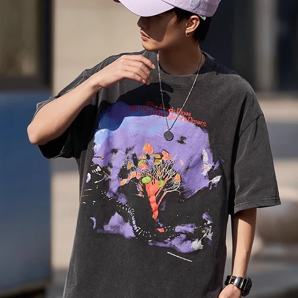 Travis Scott同款忧郁蓝调VTG做旧洗水休闲宽松短袖T恤男女情侣潮