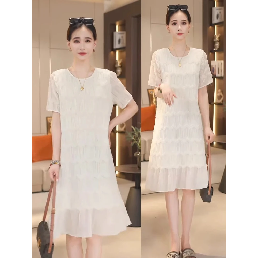 法式提花时尚拼接连衣裙女2025夏季大码胖MM流行气质遮胯显瘦裙子