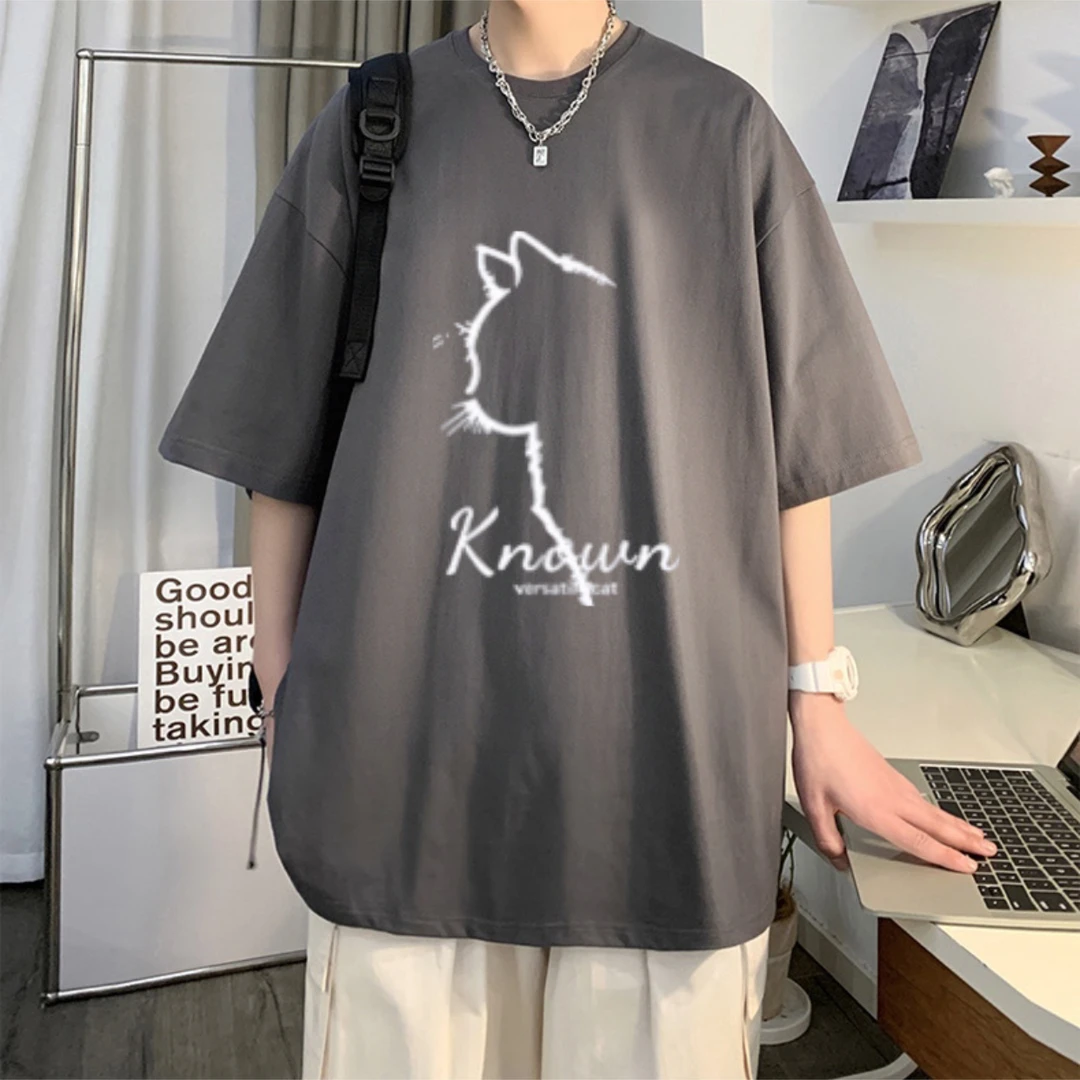 夏季新款纯棉圆领短袖T恤男女ins简约百搭休闲宽松猫咪印花体恤衫