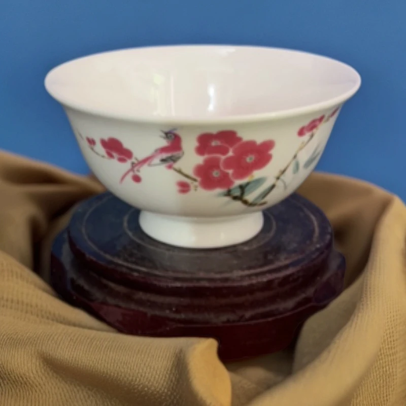 景德镇陶瓷翠竹红梅5寸高脚米饭碗