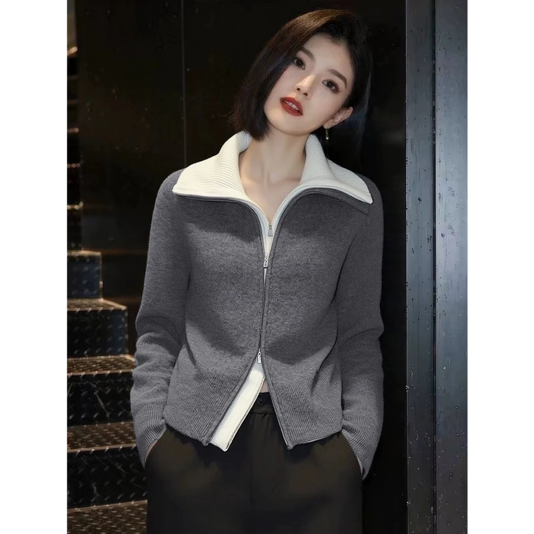 Z615轻熟风翻领正肩灰色针织开衫秋冬上衣女2025冬季拼接显瘦毛衣