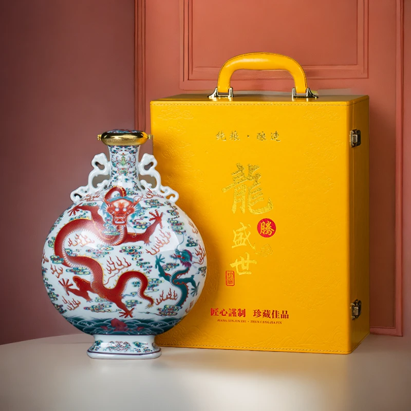 陶瓷空酒瓶 5斤装龙腾盛世带礼盒家用密封白酒瓶复古珐琅彩泡酒壶