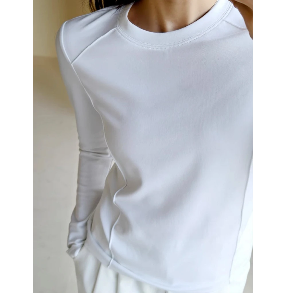 莱赛尔棉磨毛保暖内搭直角肩长袖T恤女士收腰鱼骨上衣修身打底衫