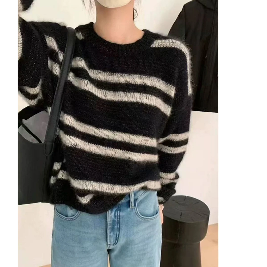 秋冬新款韩版条纹亮丝休闲百搭针织衫套头毛衣女1004