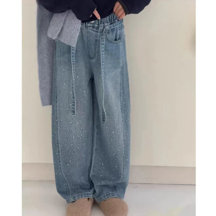 【版型太赞了】女童满天星爆闪加绒牛仔弯刀阔腿裤（无腰绳）12051