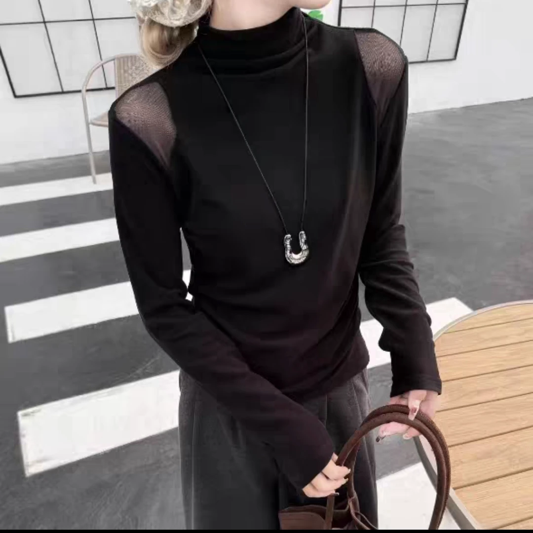 【静姐家】2779设计感拼接网纱露肩半高领长袖T恤女秋冬新款打底衫