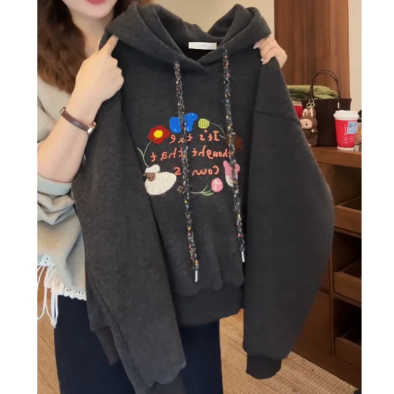 秋冬韩系加厚加绒连帽卫衣刺绣百搭宽松显瘦上衣LK2509142
