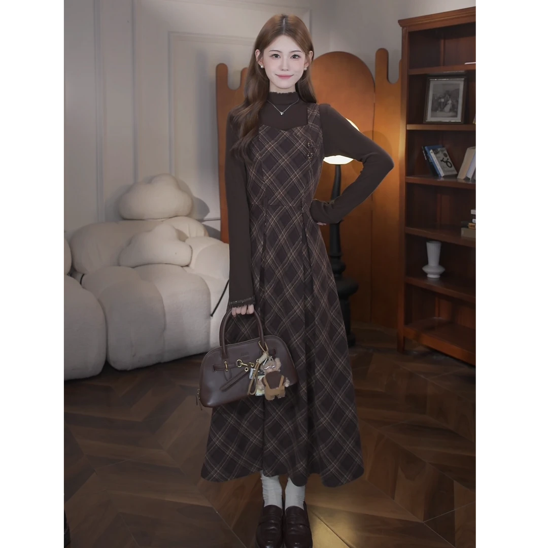 鹿向南【苏黎落叶】格纹连衣裙针织衫套装女秋季通勤显瘦长裙