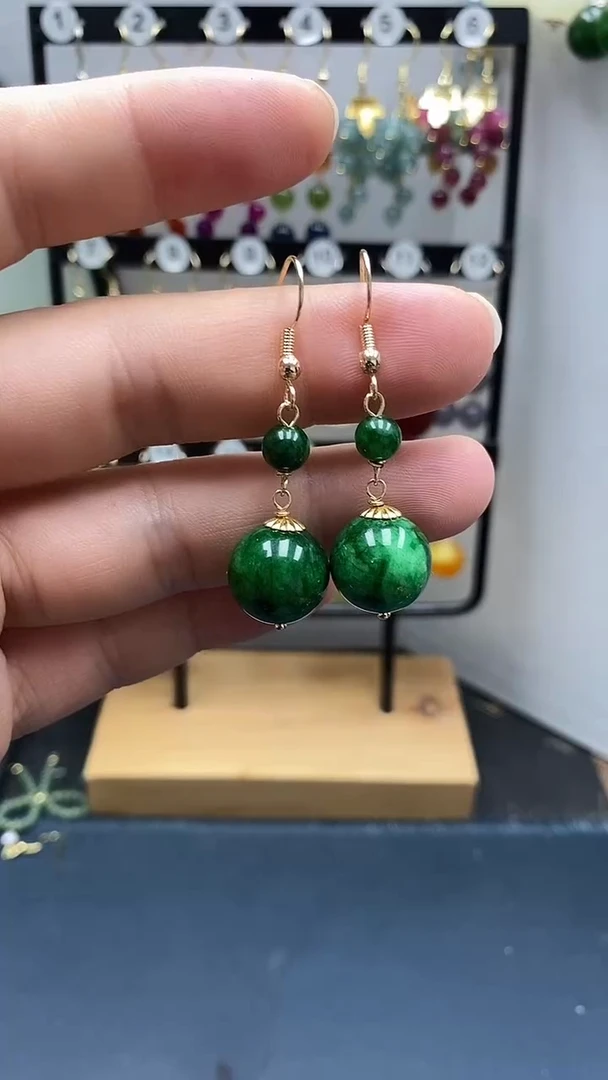 银S925镀金镶嵌翡翠耳饰尺寸14mm连珠02