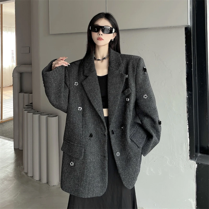 加大码300斤胖mm长袖纯色复古黑色修身小香风西装秋冬ins通勤外套