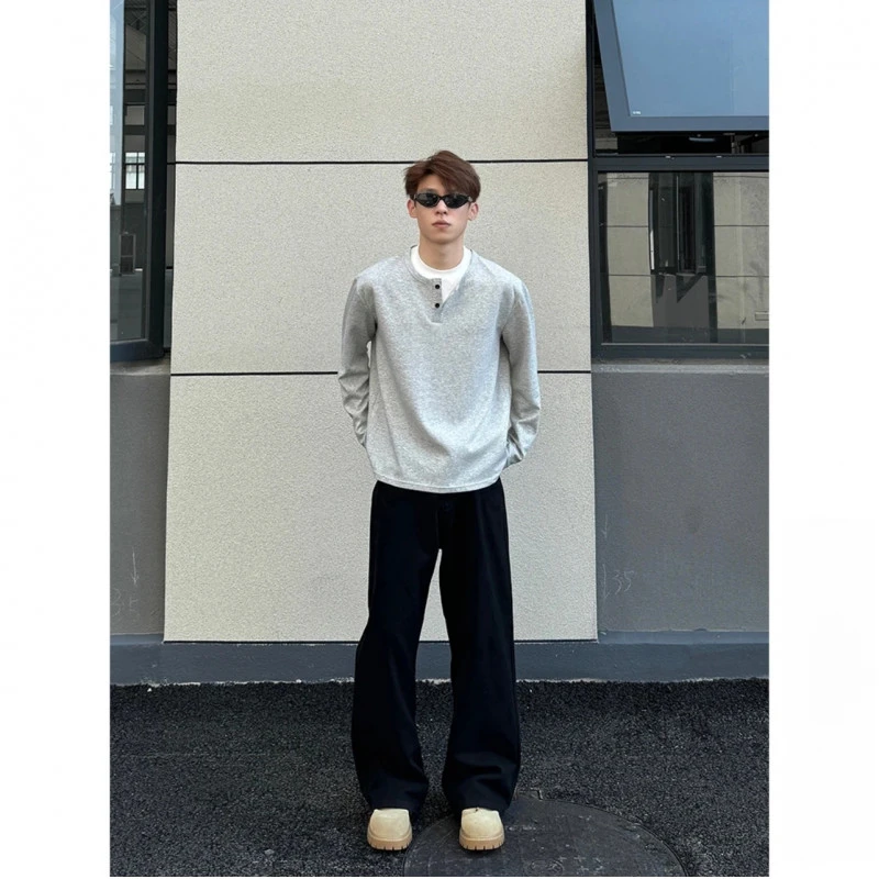 LlGGlCC秋季亨利领假两件松弛感老钱风休闲纯色圆领情侣T恤打底衫