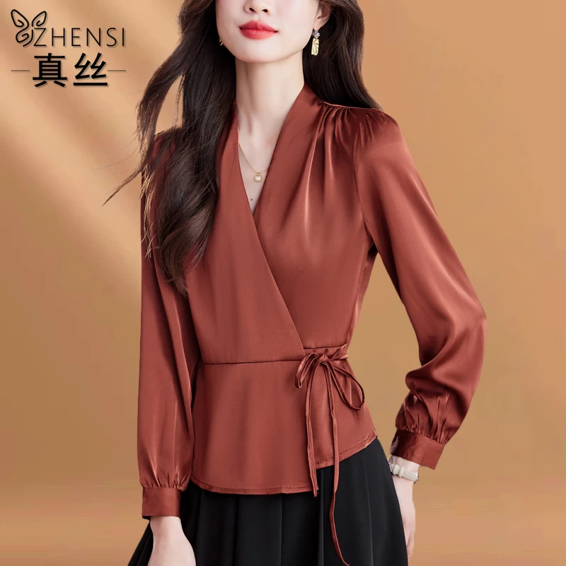 杭州高端大牌真丝衬衫女士长袖衬衣秋季新款高级感v领桑蚕丝上衣