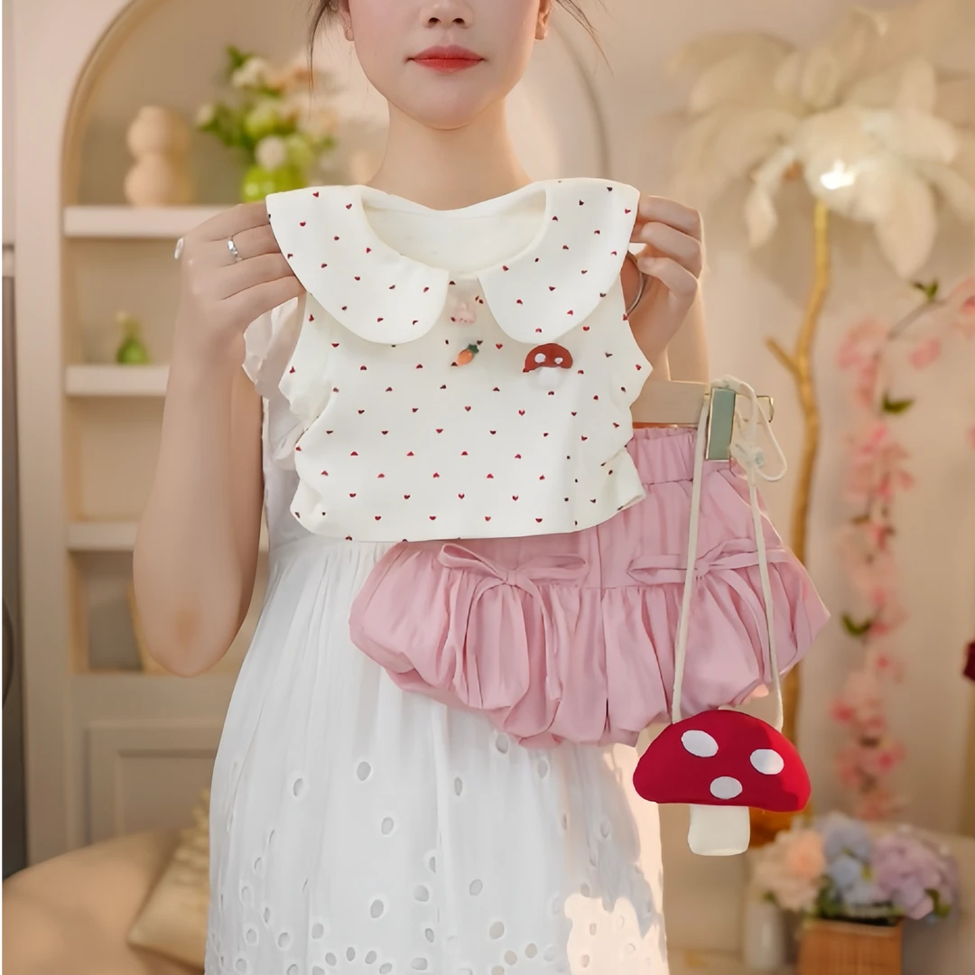 2025年夏季新款女小童可爱砖红色爱心小兔蘑菇花苞套装041