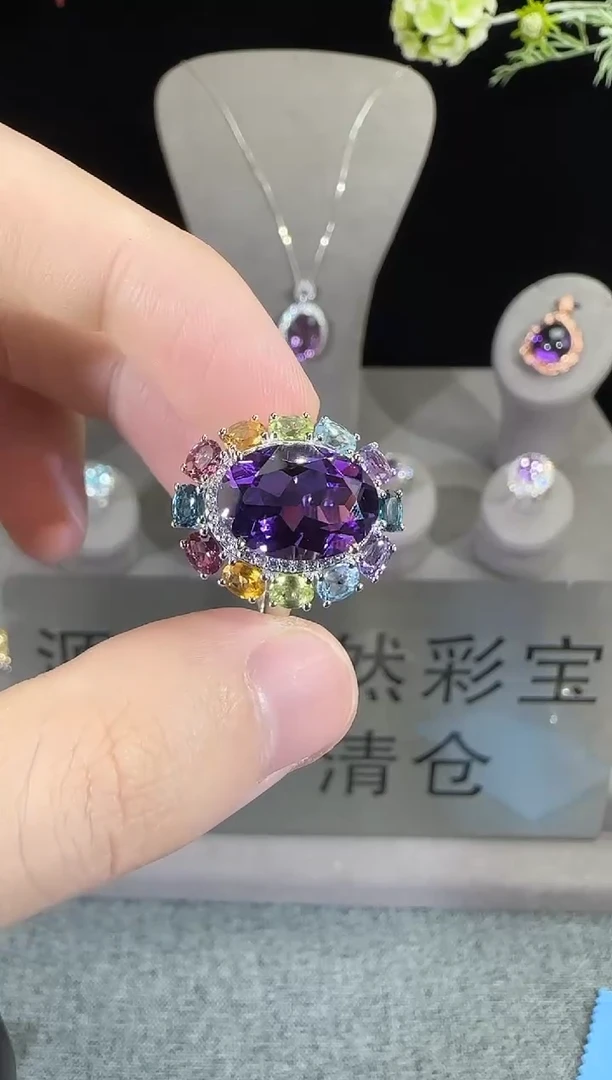 水晶戒指银S925镶嵌10*14mm多彩宝戒指
