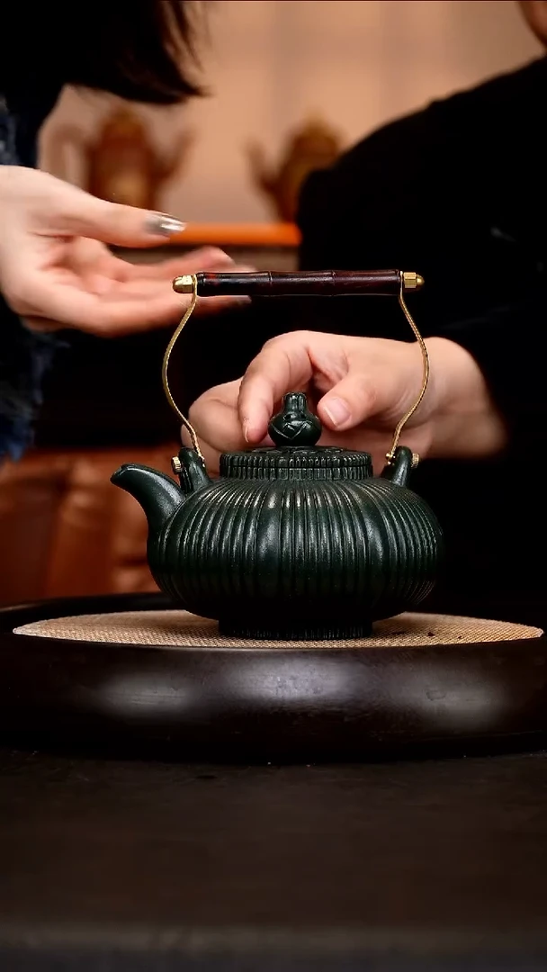 茶壶紫砂PHJ74 筋纹 提梁  老绿泥 670cc