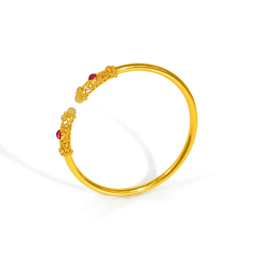 【喜喜珠宝】两情相悦气质多米尼加净水蓝珀镶嵌合金手镯时尚简约