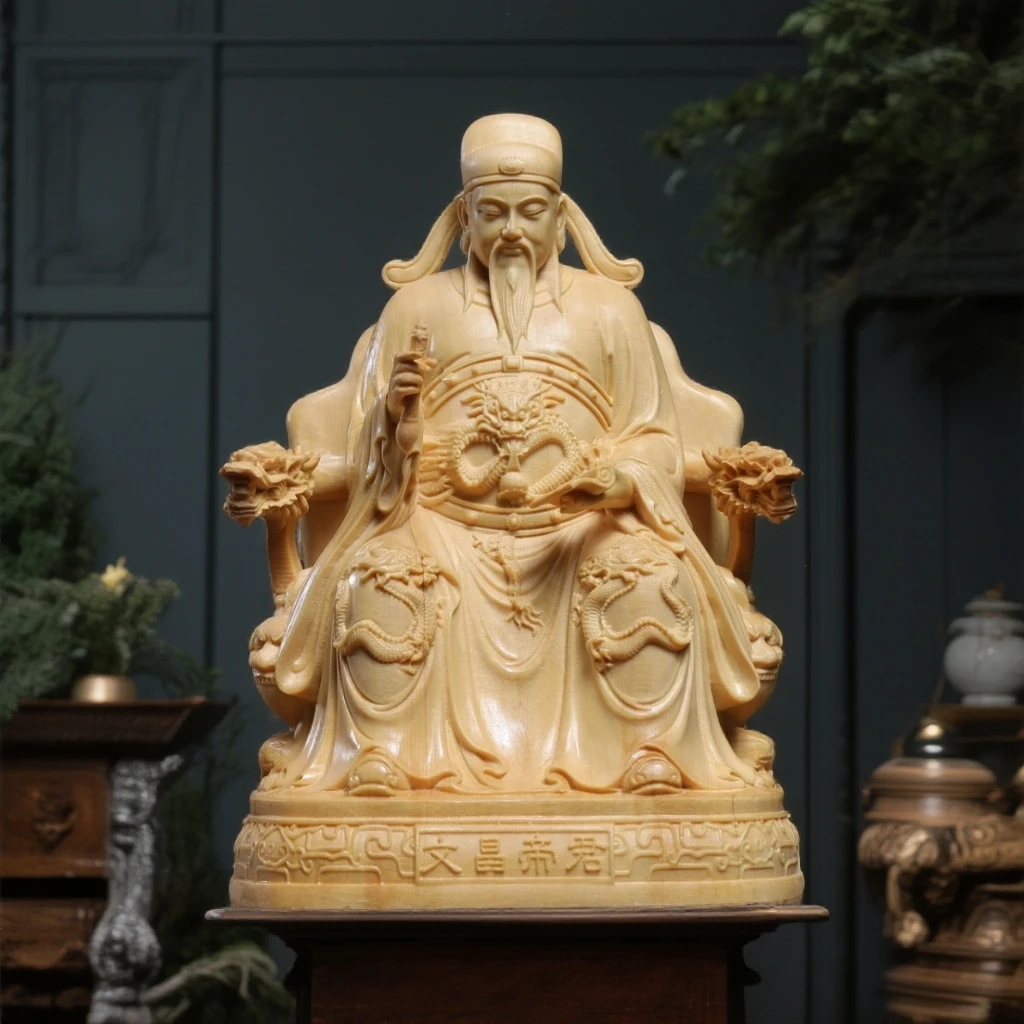 桧木雕刻文昌帝君文曲星君神像客厅书房摆件家居中式装饰工艺品