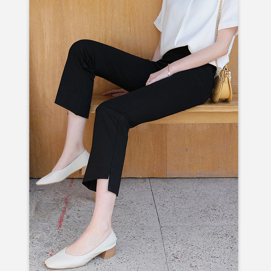 HUIZHIMEI/绘智美大码显瘦不规则前短后长侧边开叉烟管裤九分裤