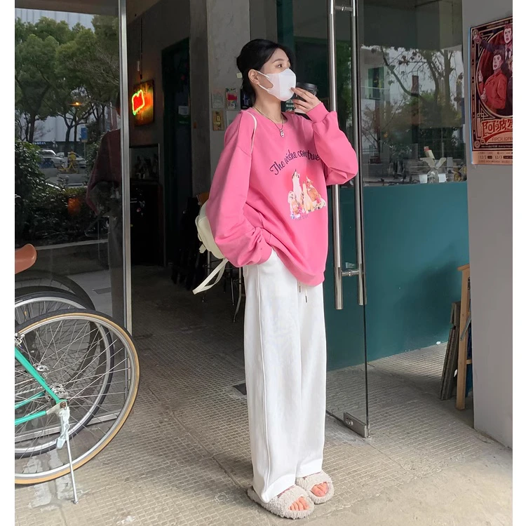 白桃甜梦 针织阔腿裤小个子春季新款垂感直筒休闲拖地裤230105