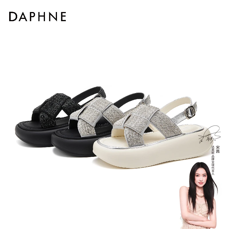 达芙妮时尚外穿小香风女鞋夏季休闲百搭厚底露趾舒适后绊带凉鞋